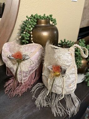 Handcrafted Heart & Owl Velvet Ornament Set - Pink and Cream